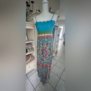 Flying Tomato turquoise Eyelet colorful, maxi printed dress small